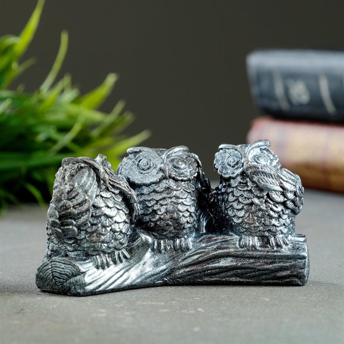 Фигура "Три совы на жердочке" состаренное серебро - фото 94896